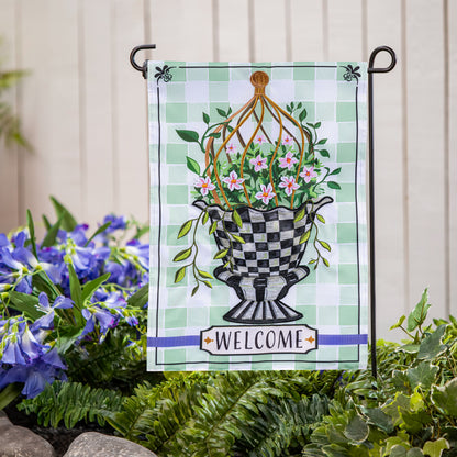 Spring Topiary Applique Garden Flag with green checkered background and pink flowers on Tampa Home & Garden Store
