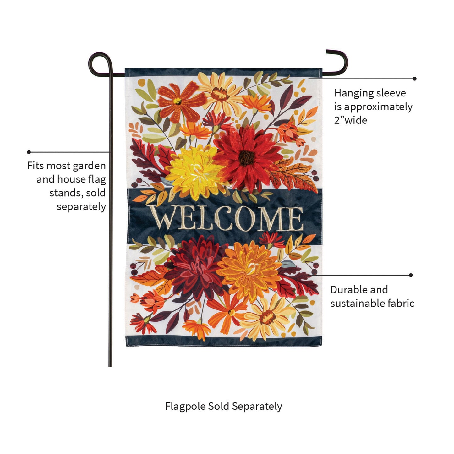Fall floral applique garden flag with orange and yellow blooms on navy background; 2-inch sleeve on Tampa Home & Garden Store