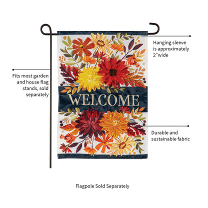 Fall floral applique garden flag with orange and yellow blooms on navy background; 2-inch sleeve on Tampa Home & Garden Store