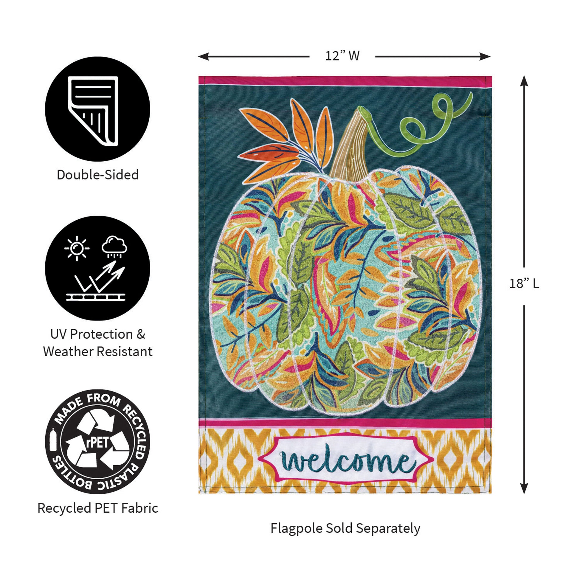 Applique garden flag Patterned Jacobean pumpkin on teal with pink header; vivid leaves Evergreen on Tampa Home & Garden Store