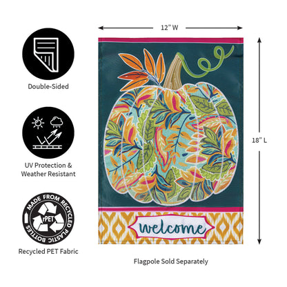 Applique garden flag Patterned Jacobean pumpkin on teal with pink header; vivid leaves Evergreen on Tampa Home & Garden Store