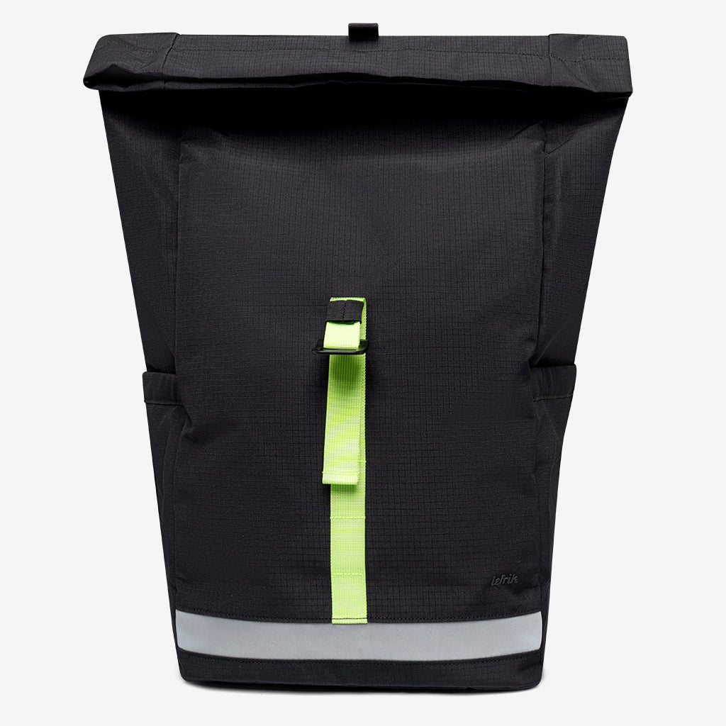 Lars Roll Laptop Backpack black with neon lime front strap and roll-top closure Lefrik USA on Tampa Home & Garden Store