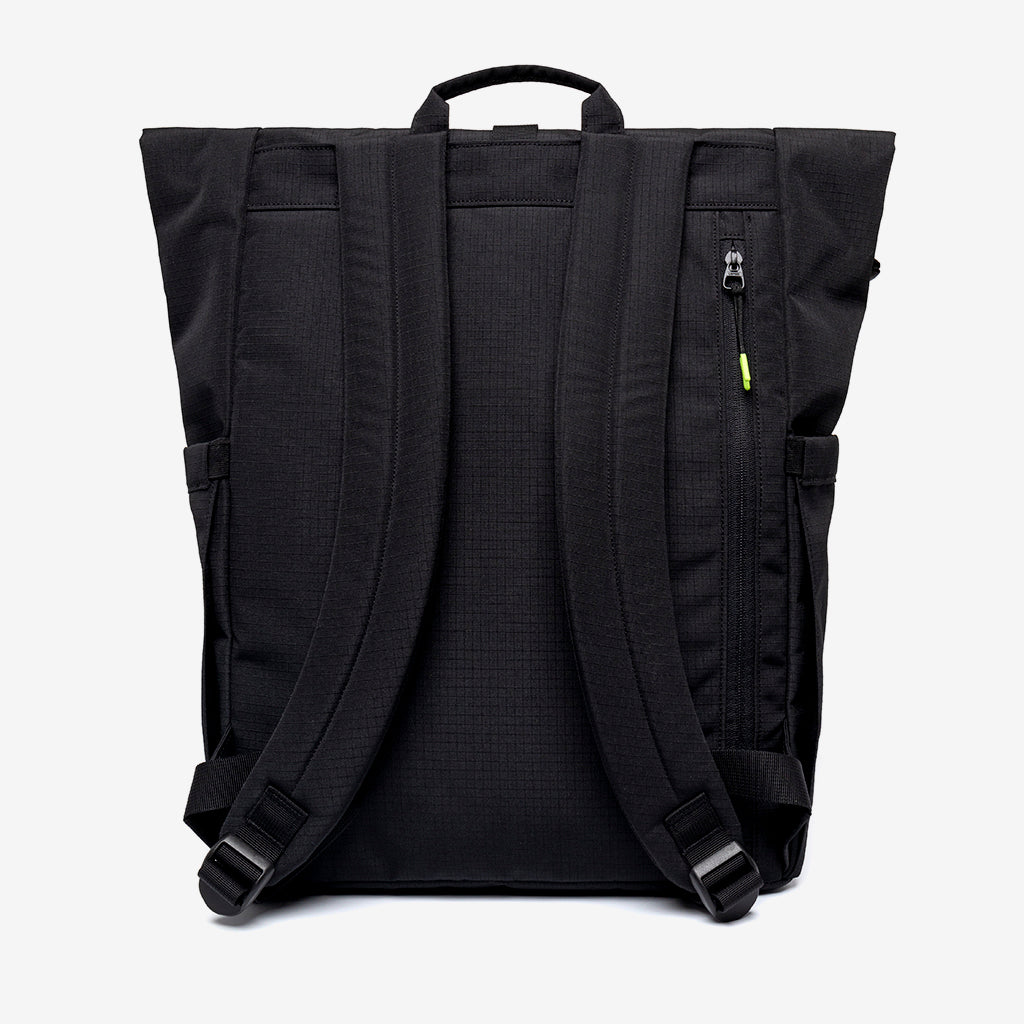 Lars Roll Laptop Backpack Black Lime by Lefrik USA, padded back, neon lime zipper pull on Tampa Home & Garden Store