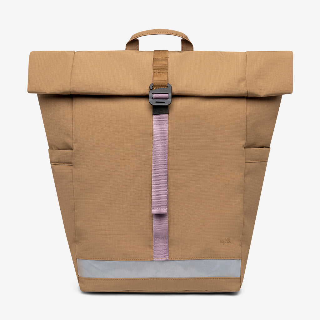 Lars Roll Backpack Toffee by Lefrik USA, tan with pink strap and top handle, reflective on Tampa Home & Garden Store