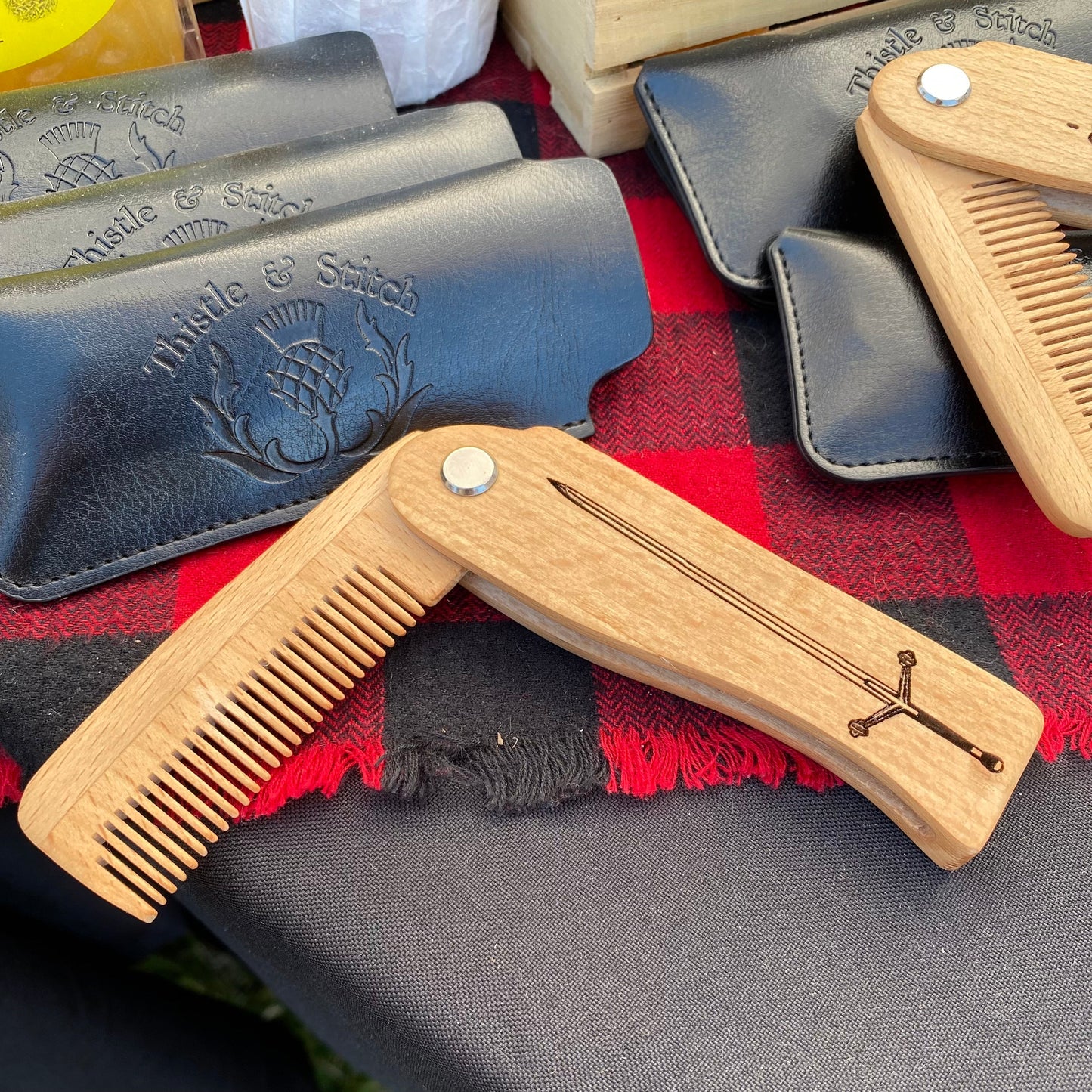Laser Engraved Wooden Switchblade Beard Combs - Tampa Home & Garden Store