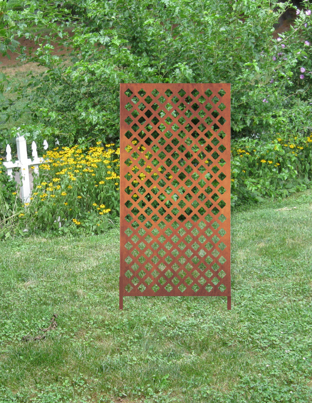 Metal privacy screen rust-colored lattice panel for outdoor garden decor 46-inch tall on Tampa Home & Garden Store