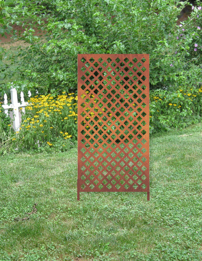 Metal privacy screen rust-colored lattice panel for outdoor garden decor 46-inch tall on Tampa Home & Garden Store