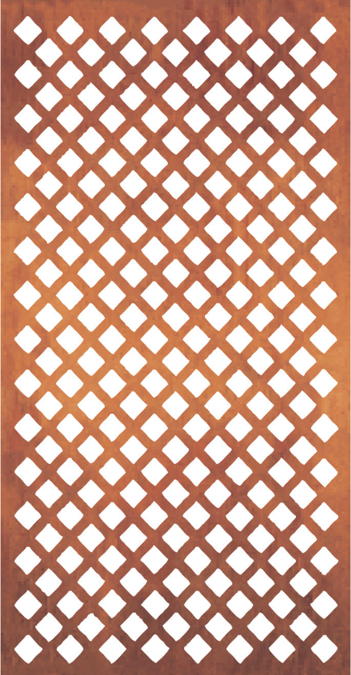 Metal privacy screen lattice panel 46in rust with white diamond cutouts Rustica Ornamentals on Tampa Home & Garden Store
