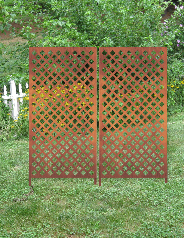 Metal privacy screens, pair of rust lattice panels, 46-inch tall, Rustica Ornamentals on Tampa Home & Garden Store