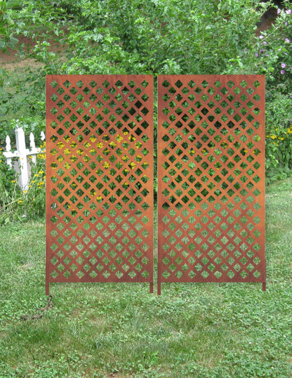 Metal privacy screens, pair of rust lattice panels, 46-inch tall, Rustica Ornamentals on Tampa Home & Garden Store