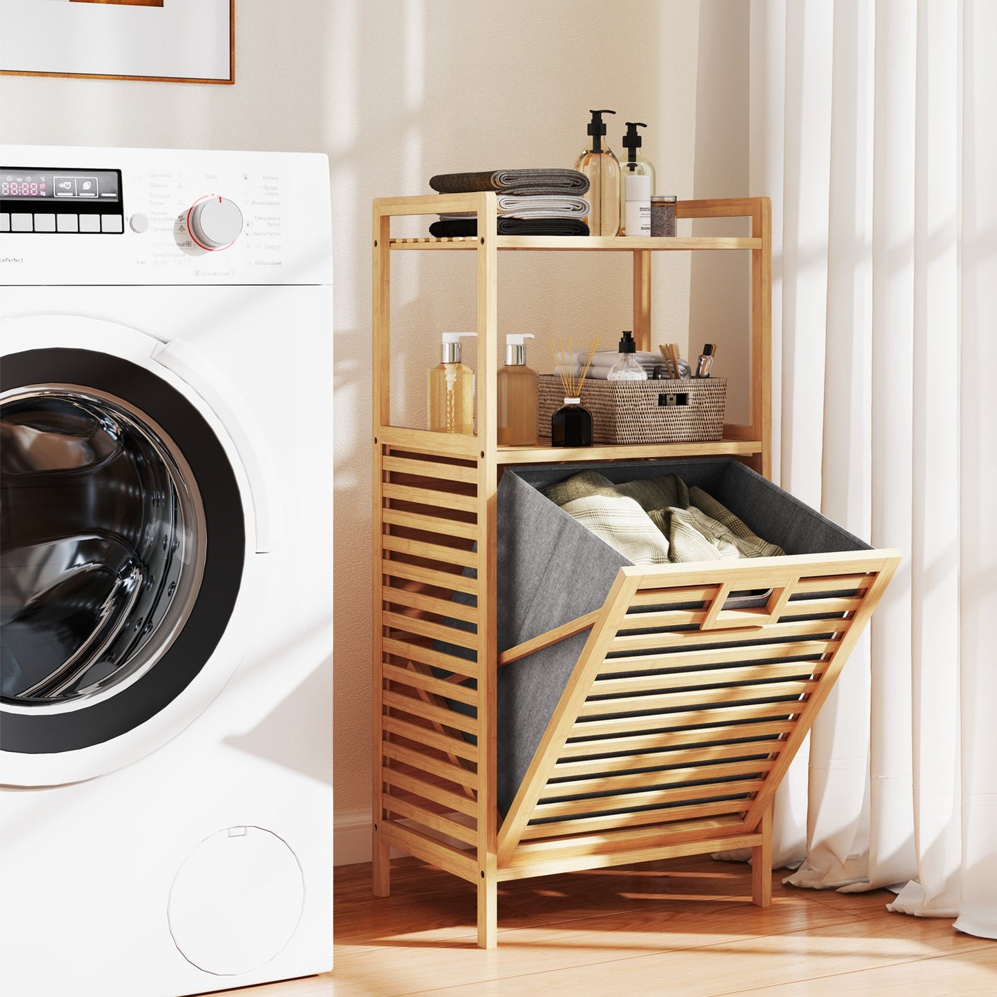 Bamboo tilt-out laundry hamper DirectDeals with foldable removable fabric basket natural on Tampa Home & Garden Store