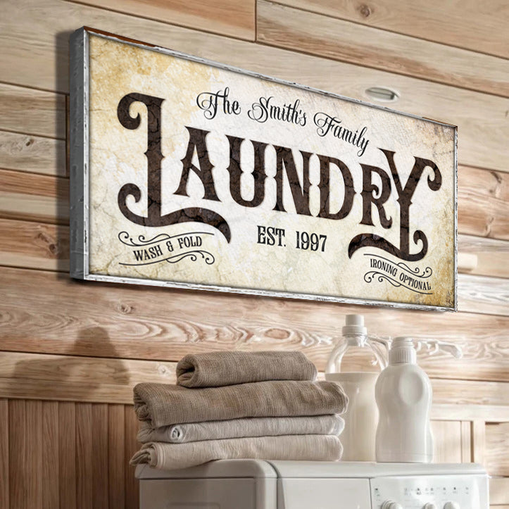 Family Laundry Sign II canvas wall art with vintage beige background and LAUNDRY typography on Tampa Home & Garden Store