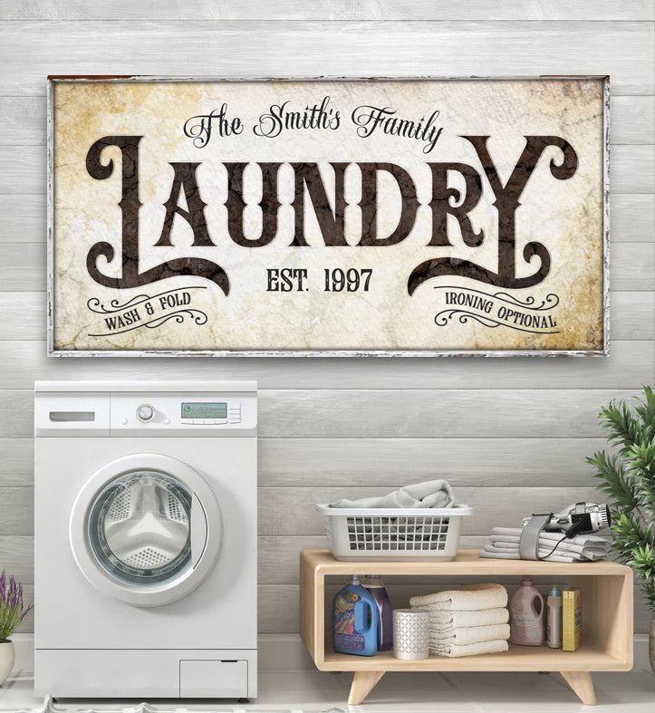 Tailored Canvases Family Laundry Sign II canvas wall art beige with brown typography on Tampa Home & Garden Store