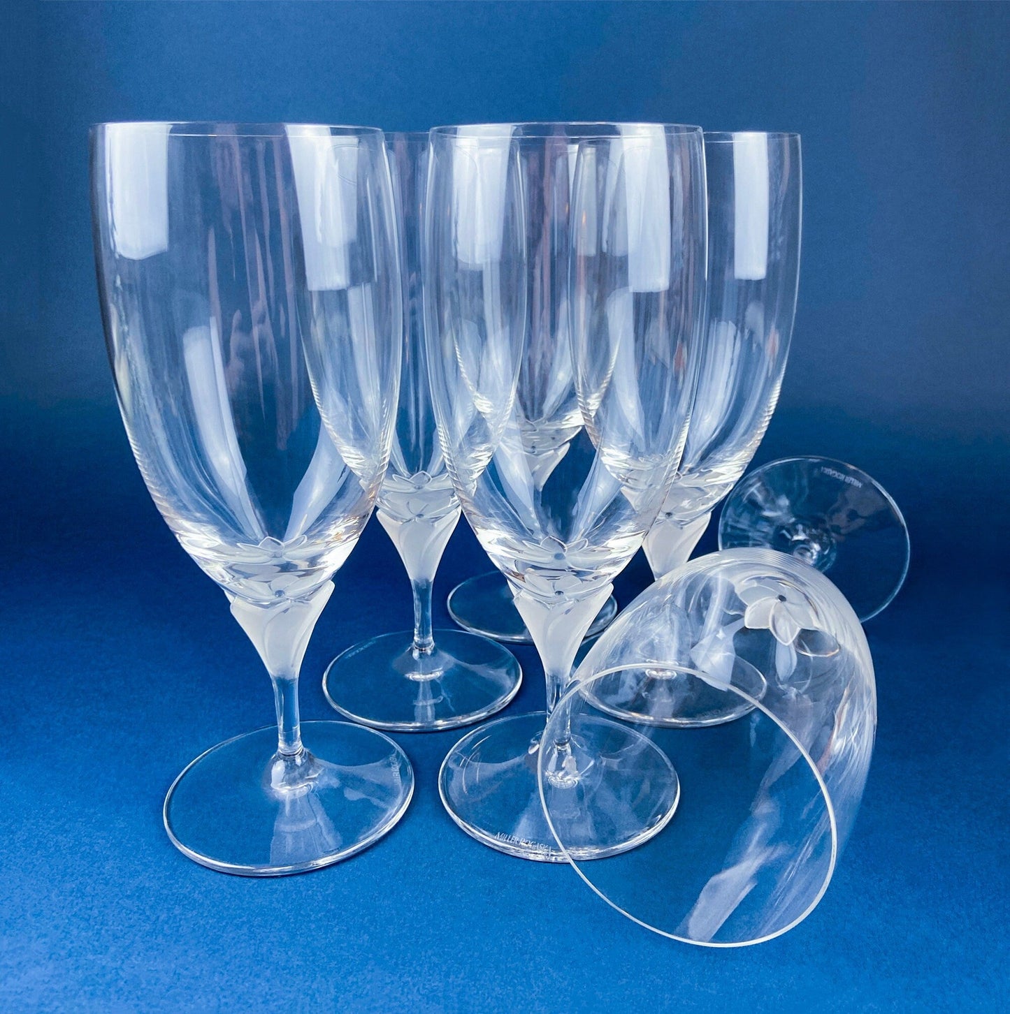 Laura by Rogaska Crystal Water/Iced Tea Goblets. Miller Rogaska Etched on each Glass. Frosted Flower Stem. Stunning Ping. Holiday Celeb. - Tampa Home & Garden Store