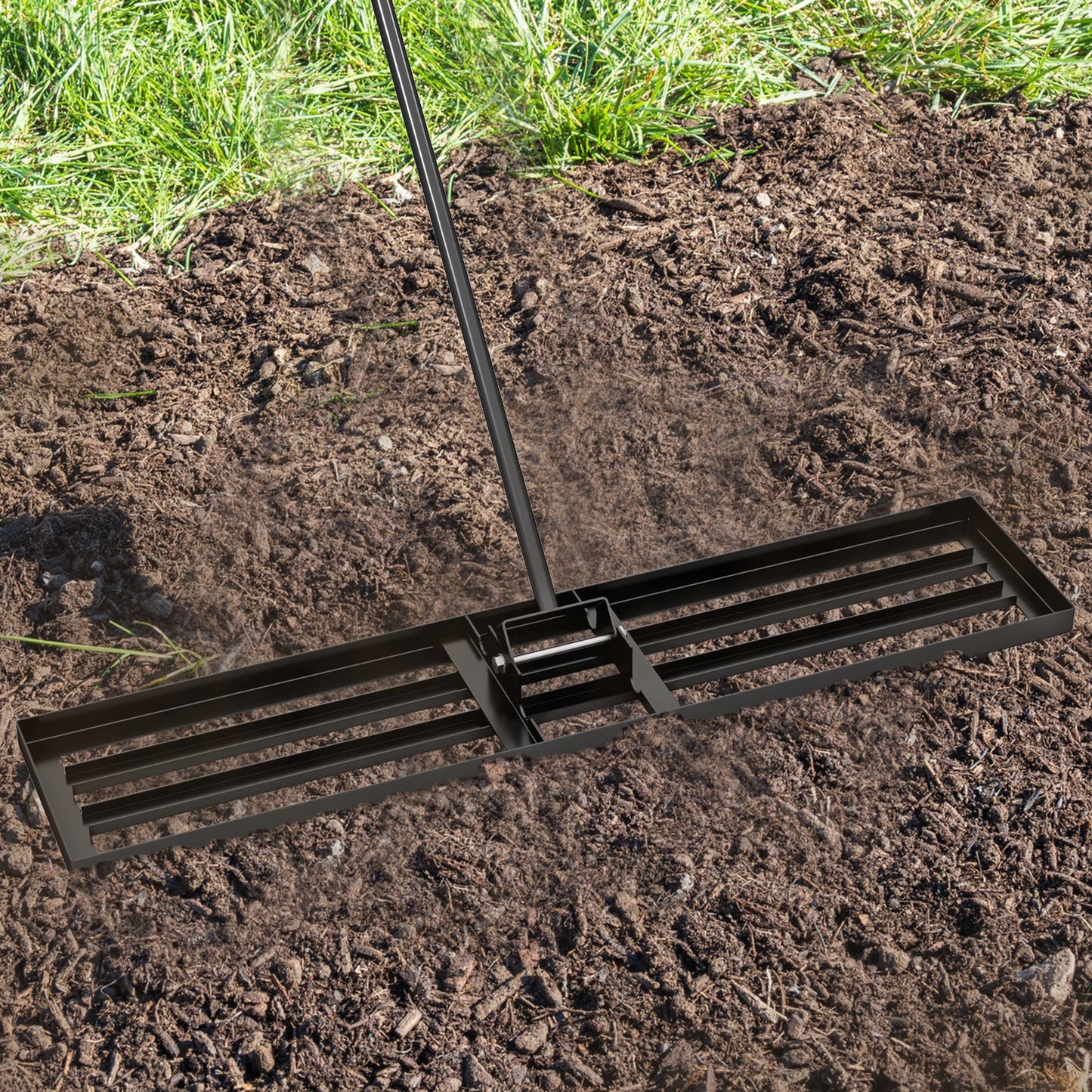 Rastrillo nivelador de césped de 46 x 10 pulgadas, herramienta resistente para nivelar el suelo - Negro