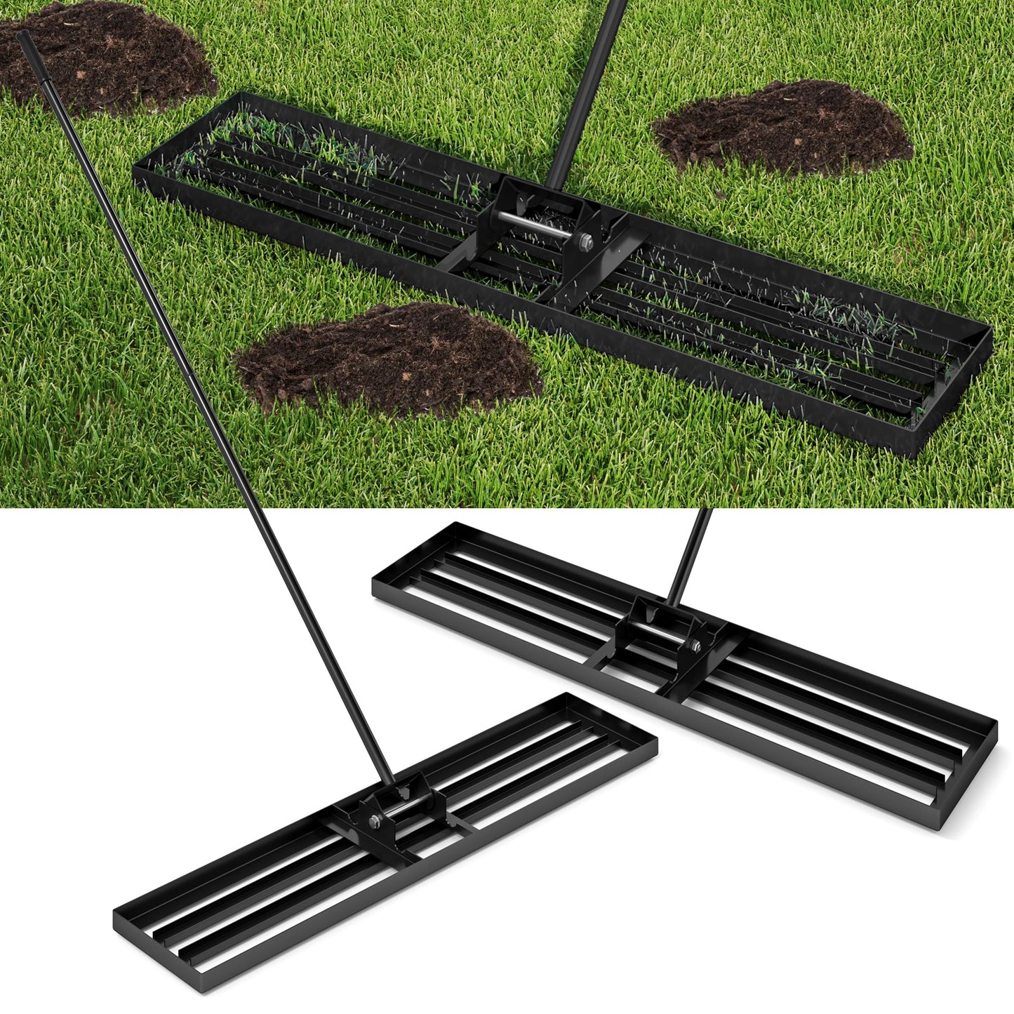 Rastrillo nivelador de césped de 46 x 10 pulgadas, herramienta resistente para nivelar el suelo - Negro