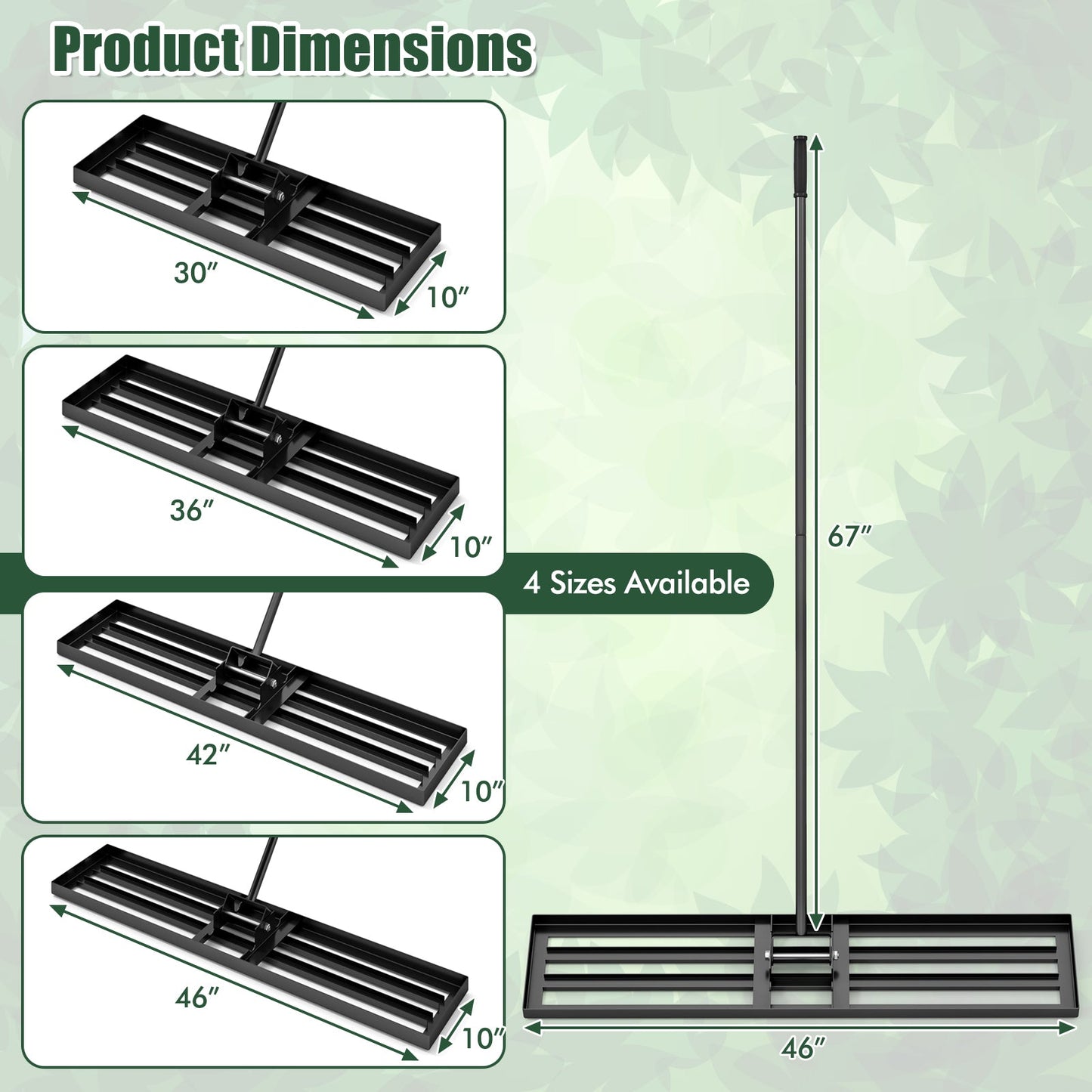 Rastrillo nivelador de césped de 46 x 10 pulgadas, herramienta resistente para nivelar el suelo - Negro
