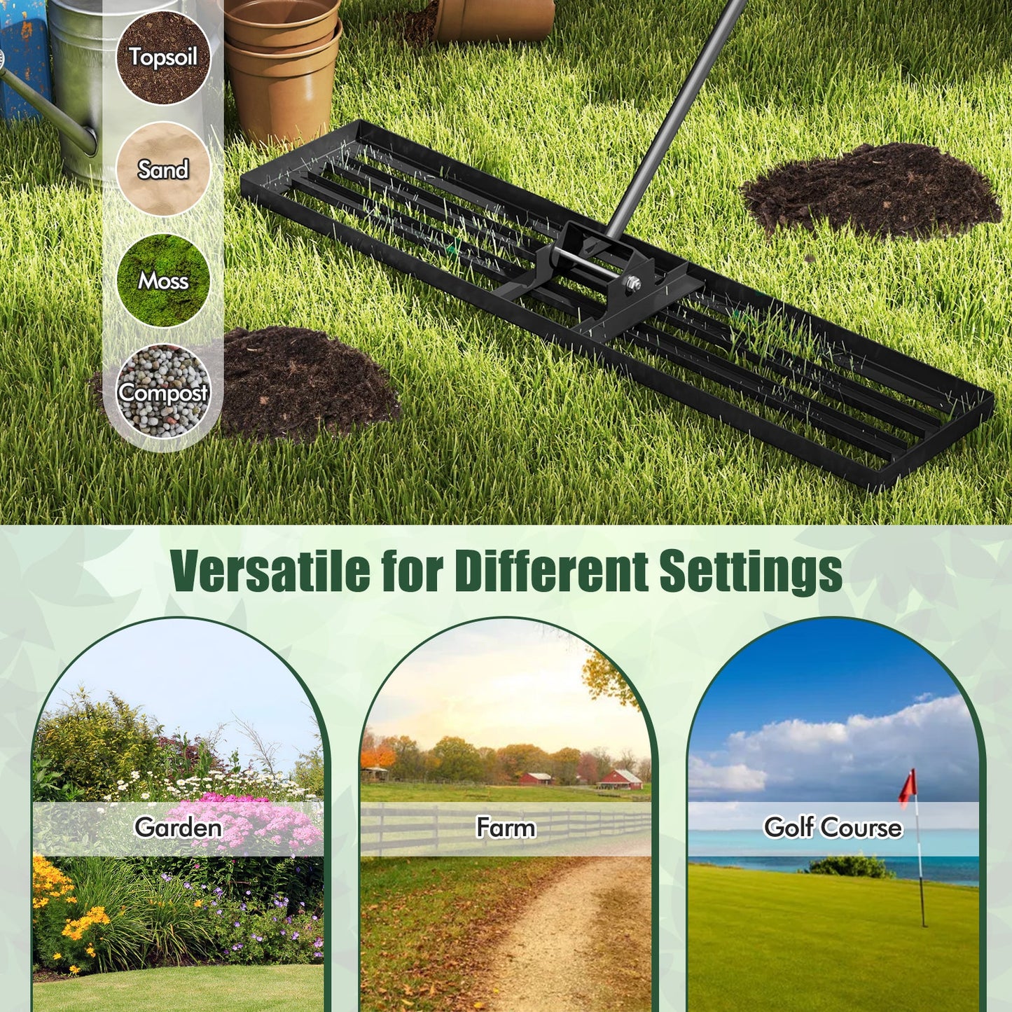 Rastrillo nivelador de césped de 46 x 10 pulgadas, herramienta resistente para nivelar el suelo - Negro