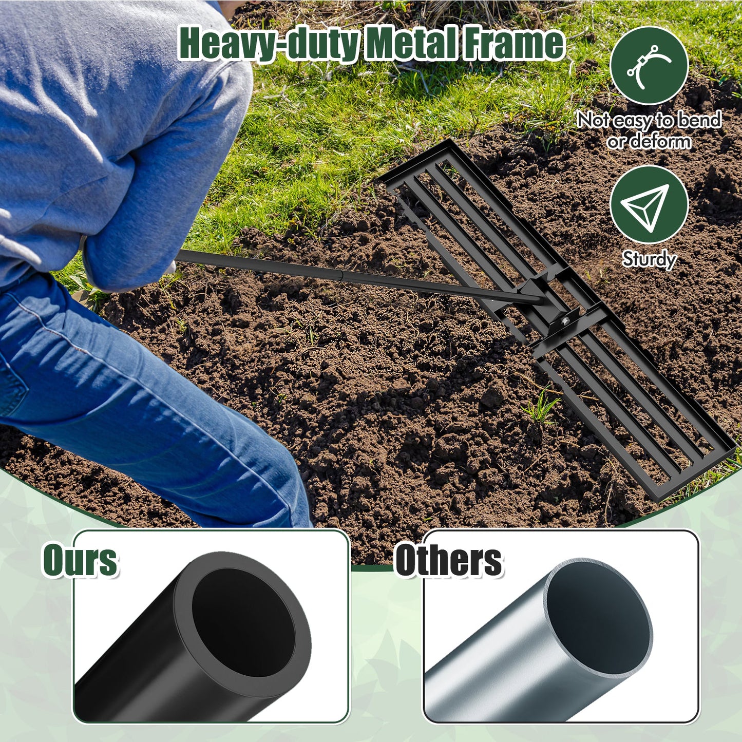 Rastrillo nivelador de césped de 46 x 10 pulgadas, herramienta resistente para nivelar el suelo - Negro