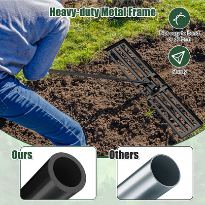 Rastrillo nivelador de césped de 46 x 10 pulgadas, herramienta resistente para nivelar el suelo - Negro