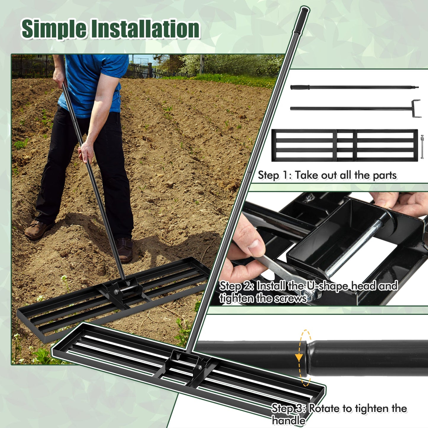Rastrillo nivelador de césped de 46 x 10 pulgadas, herramienta resistente para nivelar el suelo - Negro