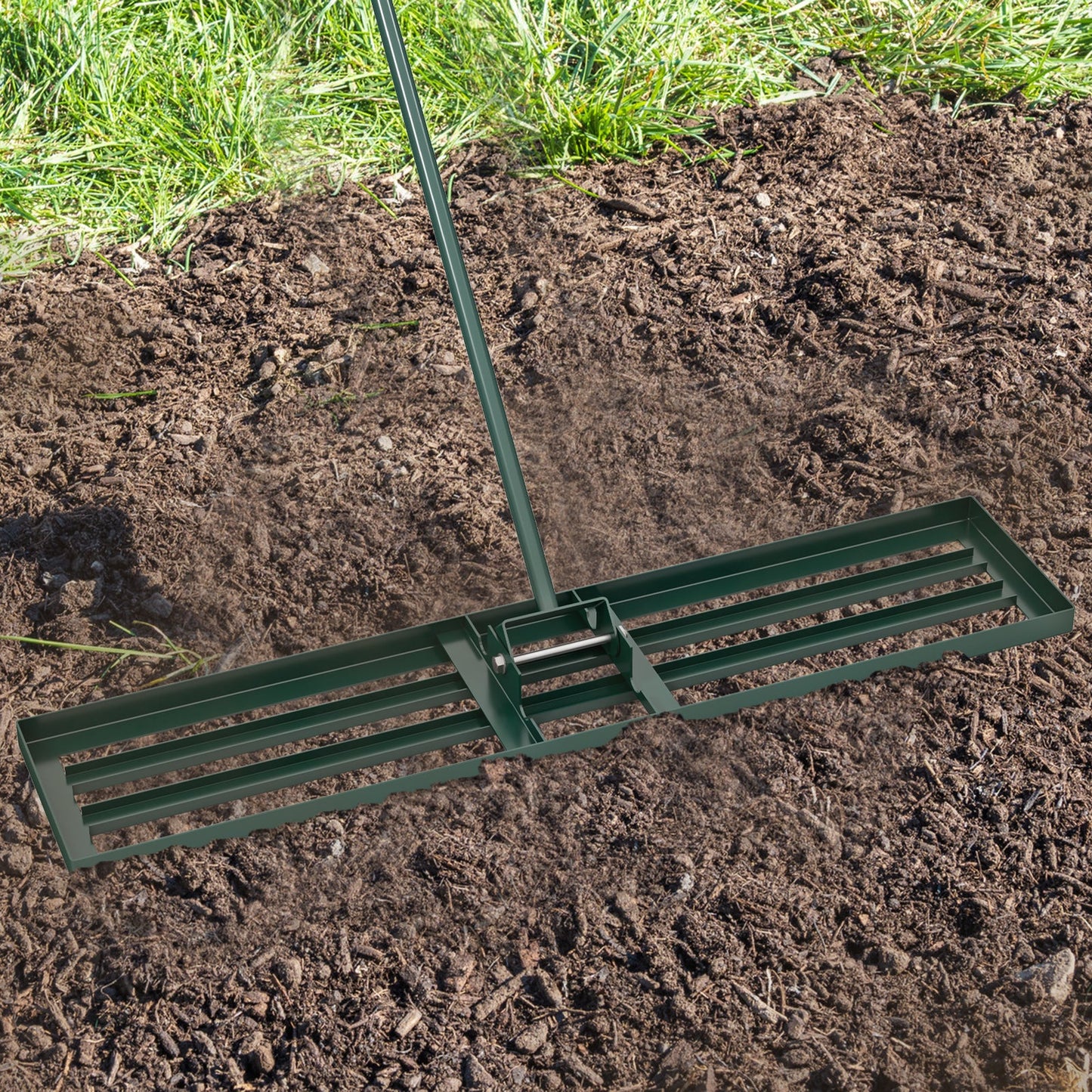 Rastrillo nivelador de césped de 46 x 10 pulgadas, herramienta de nivelación de césped de alta resistencia para tierra - Verde