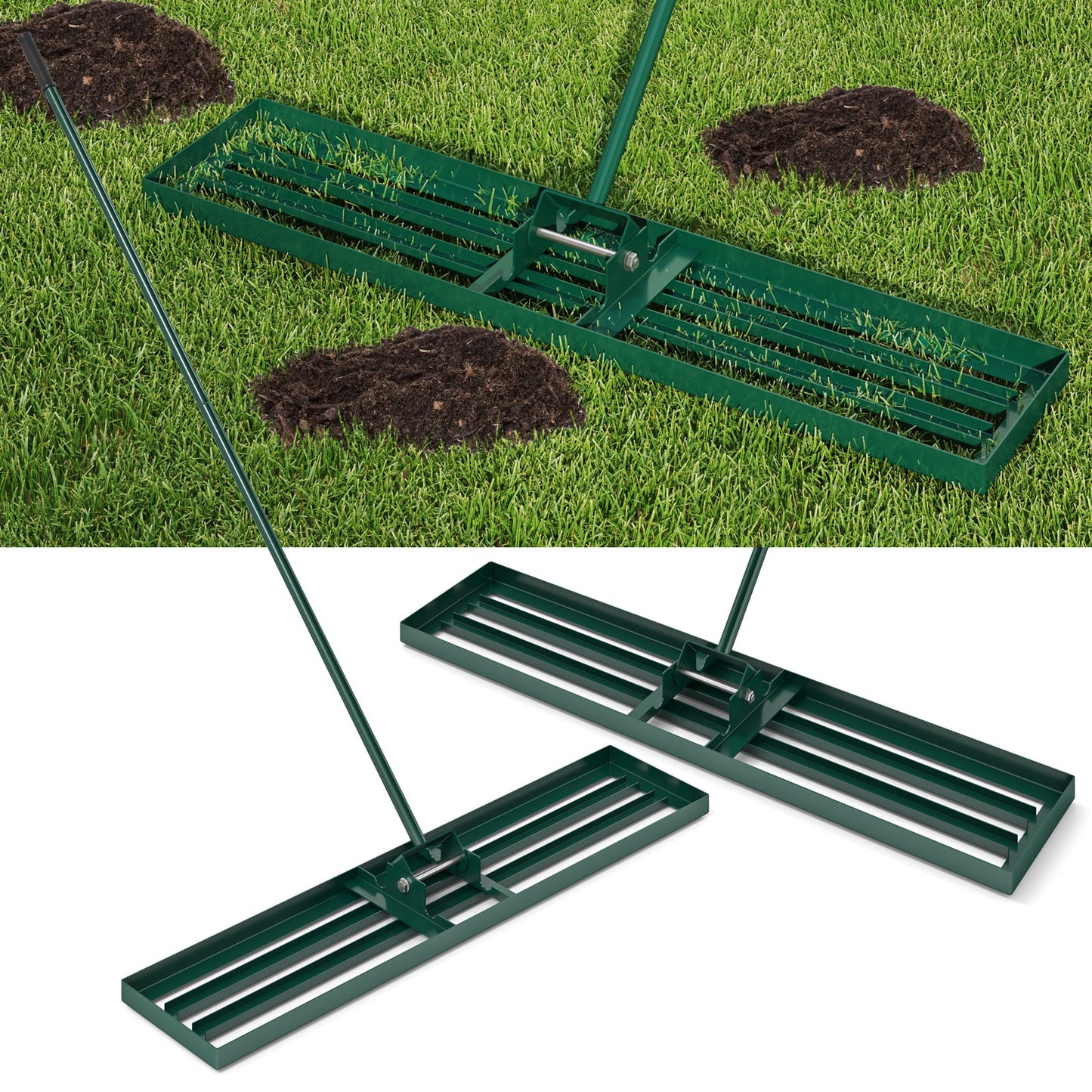 Rastrillo nivelador de césped de 46 x 10 pulgadas, herramienta de nivelación de césped de alta resistencia para tierra - Verde