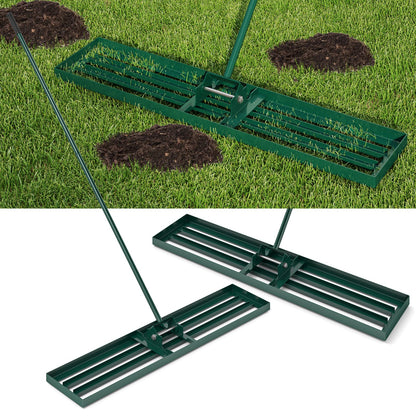 Rastrillo nivelador de césped de 46 x 10 pulgadas, herramienta de nivelación de césped de alta resistencia para tierra - Verde
