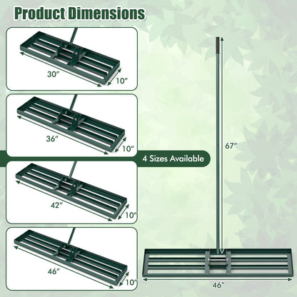 Rastrillo nivelador de césped de 46 x 10 pulgadas, herramienta de nivelación de césped de alta resistencia para tierra - Verde