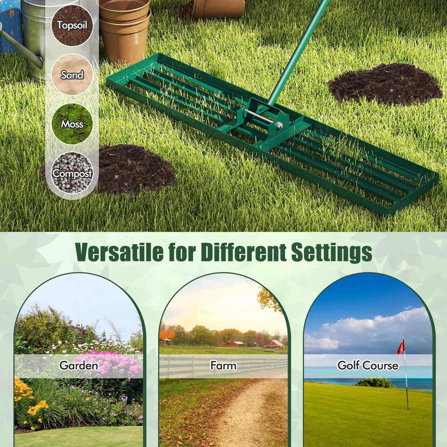 Rastrillo nivelador de césped de 46 x 10 pulgadas, herramienta de nivelación de césped de alta resistencia para tierra - Verde