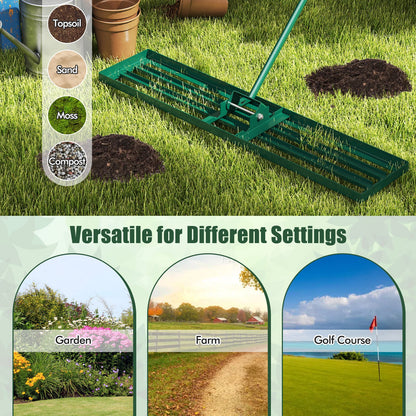 Rastrillo nivelador de césped de 46 x 10 pulgadas, herramienta de nivelación de césped de alta resistencia para tierra - Verde