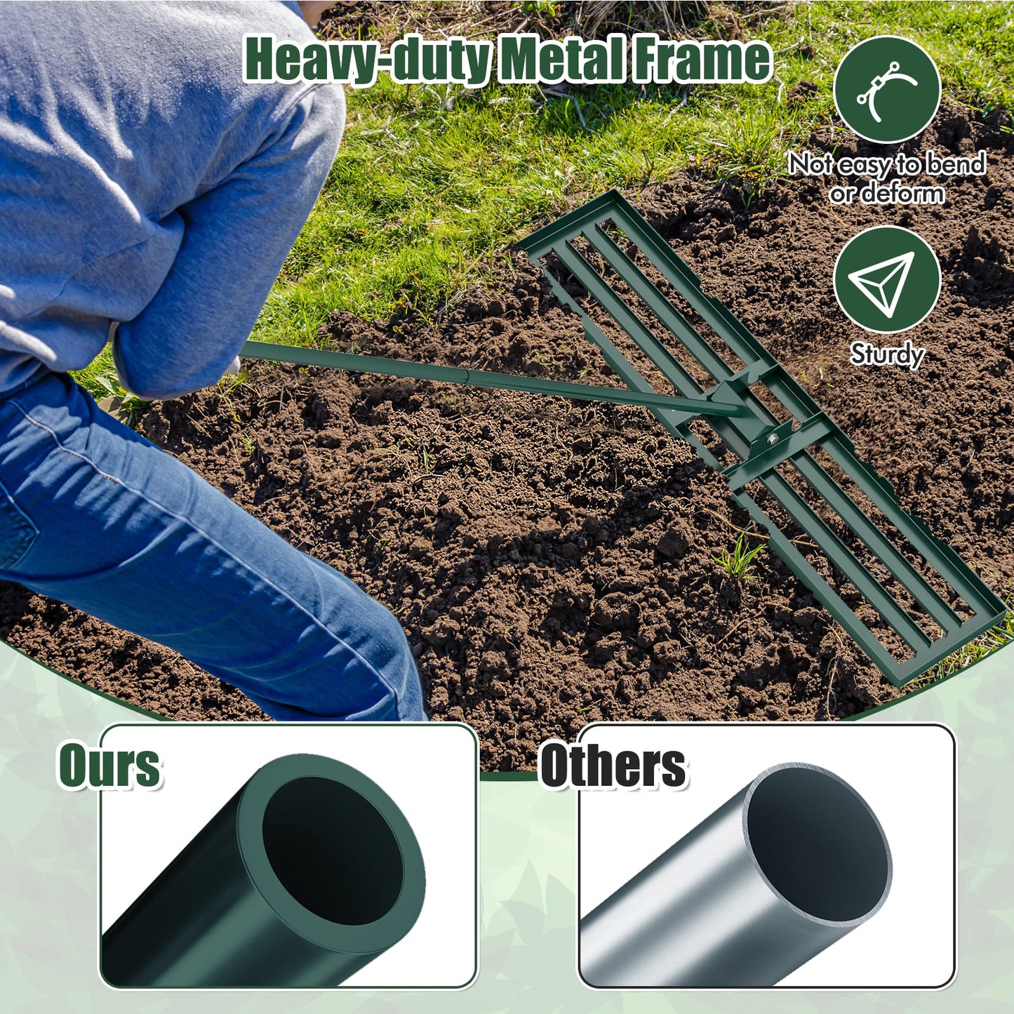 Rastrillo nivelador de césped de 46 x 10 pulgadas, herramienta de nivelación de césped de alta resistencia para tierra - Verde