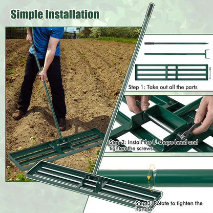 Rastrillo nivelador de césped de 46 x 10 pulgadas, herramienta de nivelación de césped de alta resistencia para tierra - Verde