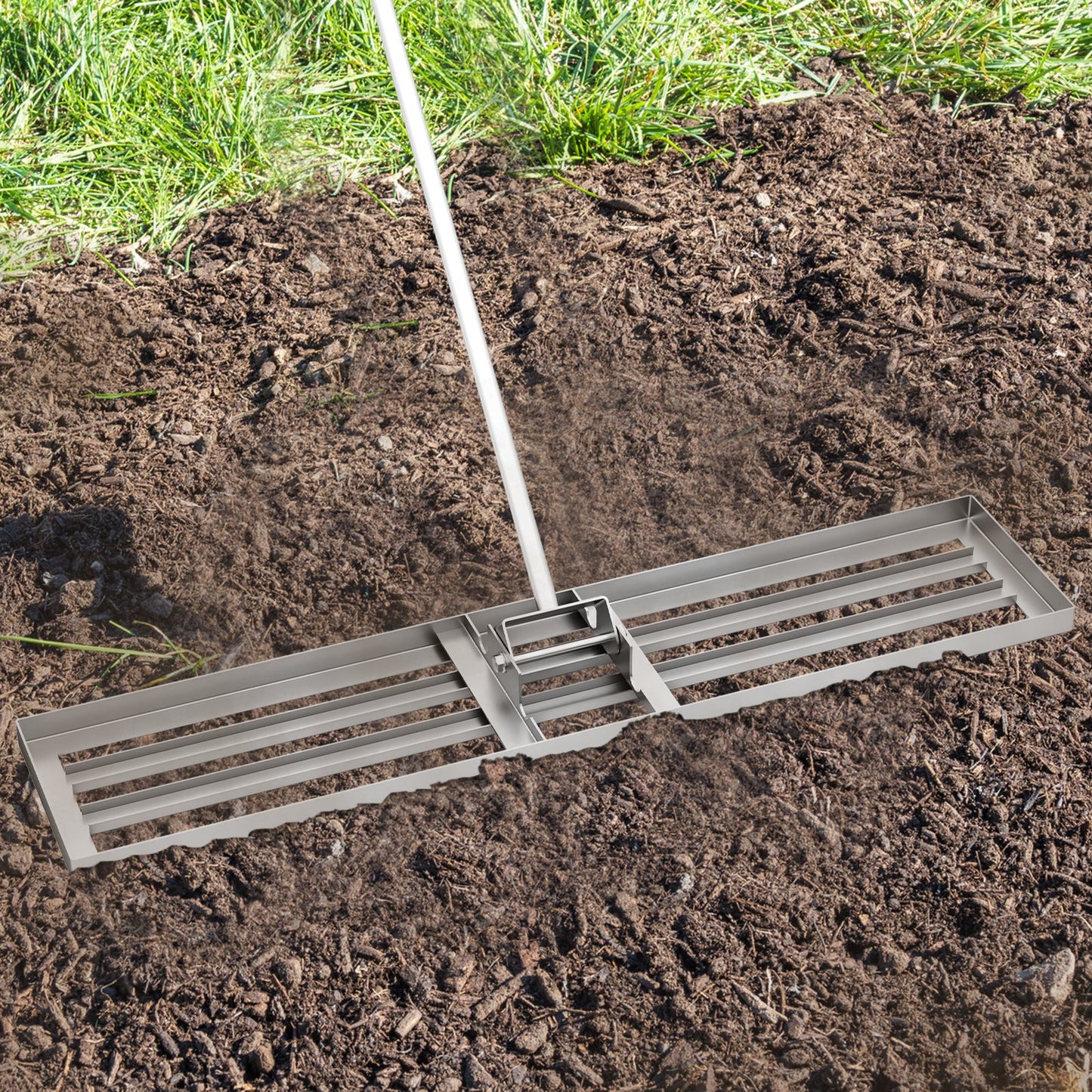 Rastrillo nivelador de césped de 46 x 10 pulgadas, herramienta resistente para nivelar tierra-Plateado