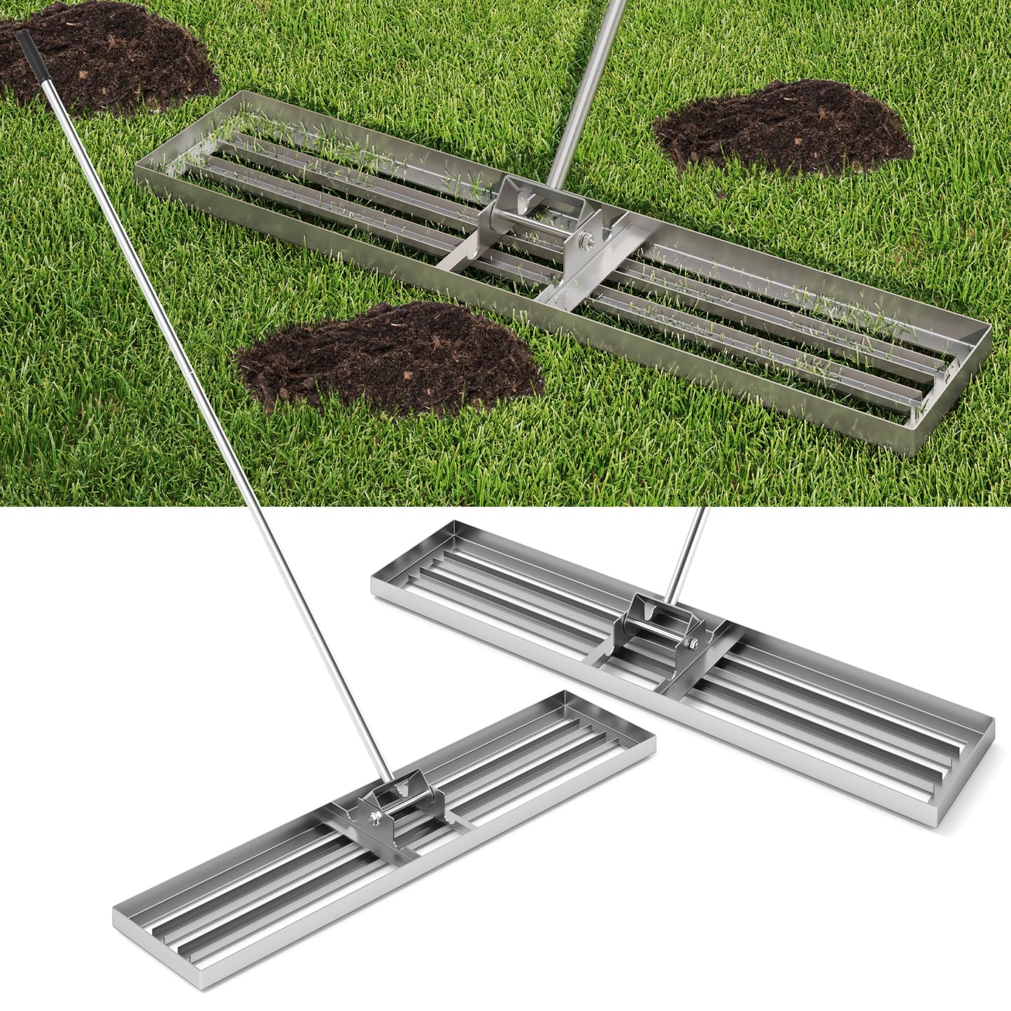 Rastrillo nivelador de césped de 46 x 10 pulgadas, herramienta resistente para nivelar tierra-Plateado