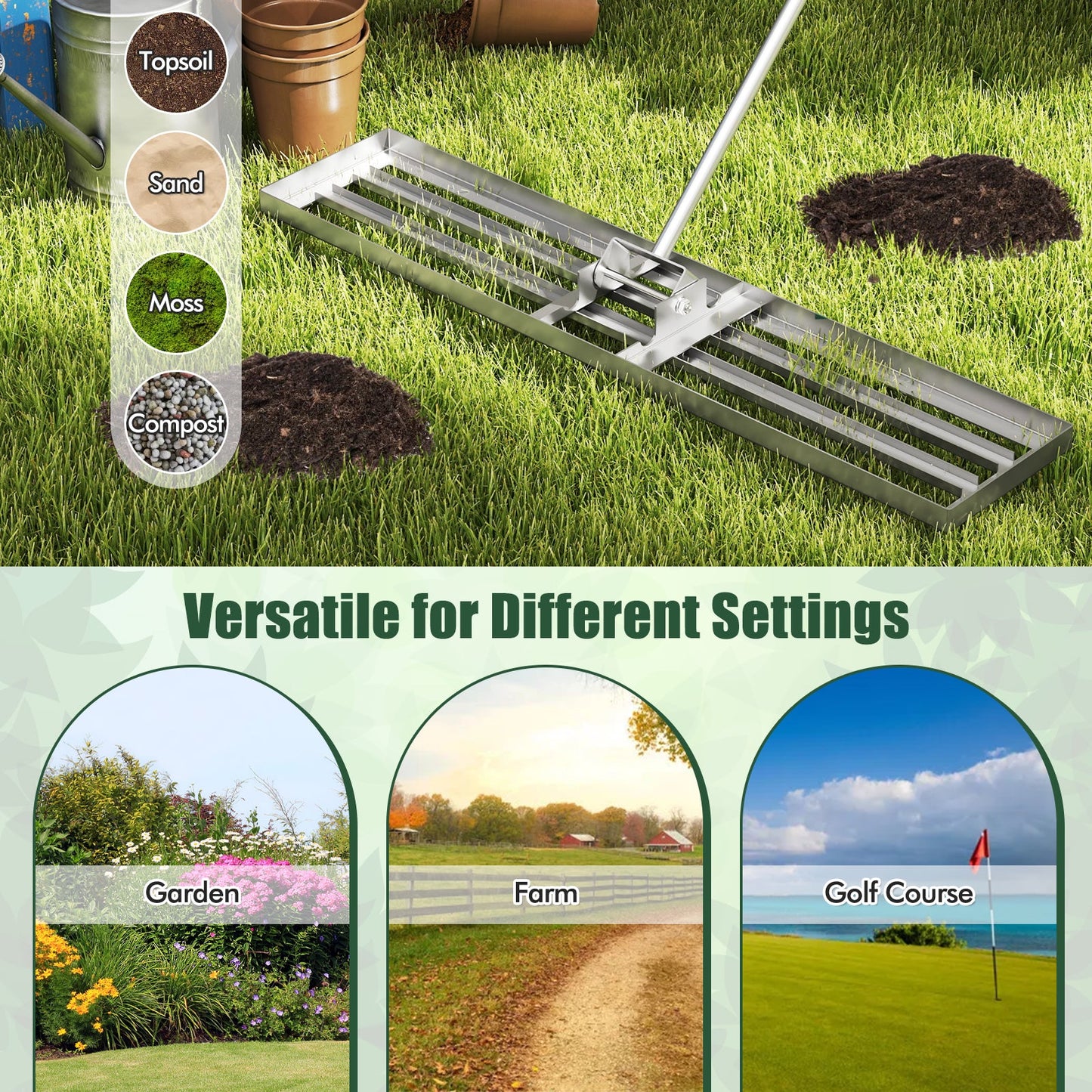Rastrillo nivelador de césped de 46 x 10 pulgadas, herramienta resistente para nivelar tierra-Plateado