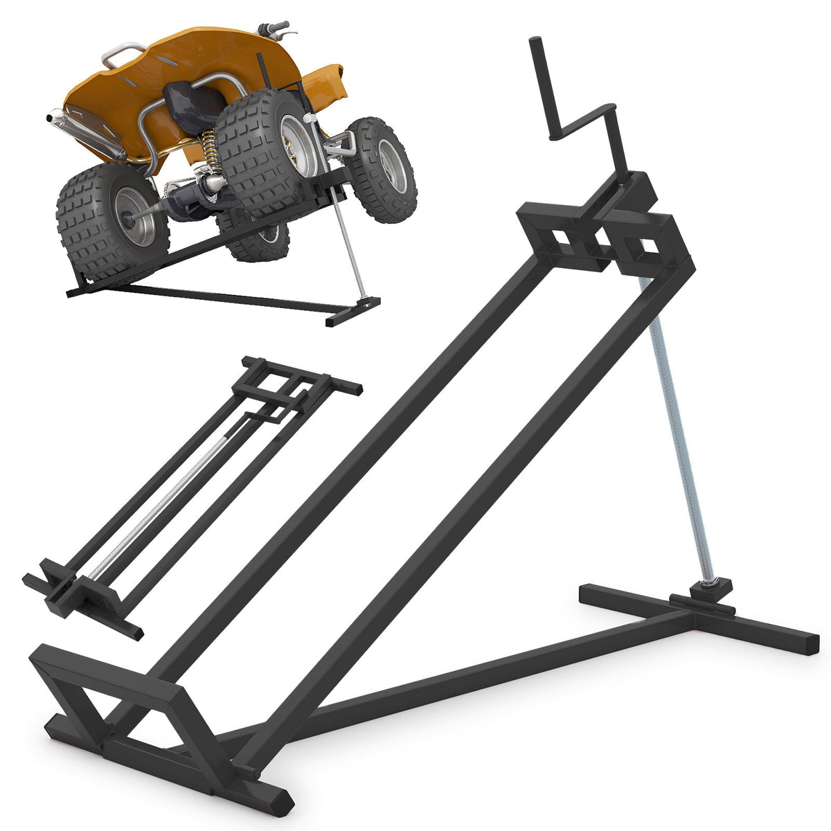 Riding lawn mower lift jack on black steel rails with crank handle on Tampa Home & Garden Store