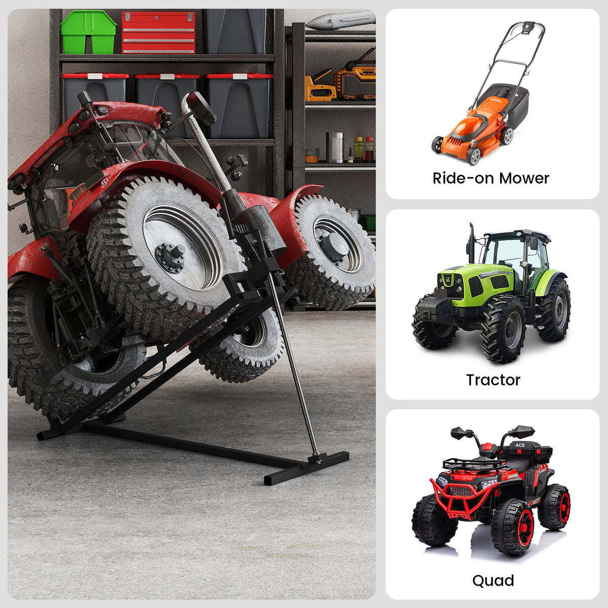 DirectDeals lawn mower lift jack for riding mowers, red mower on sturdy metal stand on Tampa Home & Garden Store