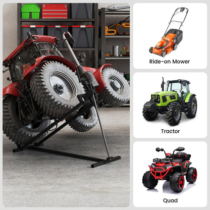 DirectDeals lawn mower lift jack for riding mowers, red mower on sturdy metal stand on Tampa Home & Garden Store