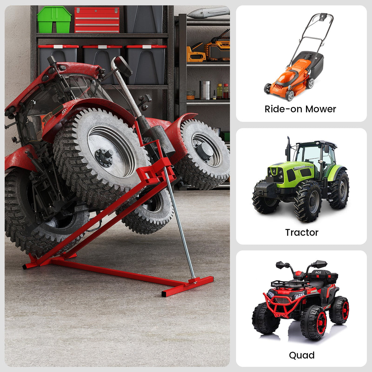 DirectDeals lawn mower lift jack for riding mowers, red steel frame lifting a red ride-on mower in a garage workshop on Tampa Home & Garden Store