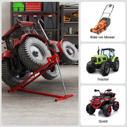 DirectDeals lawn mower lift jack for riding mowers, red steel frame lifting a red ride-on mower in a garage workshop on Tampa Home & Garden Store