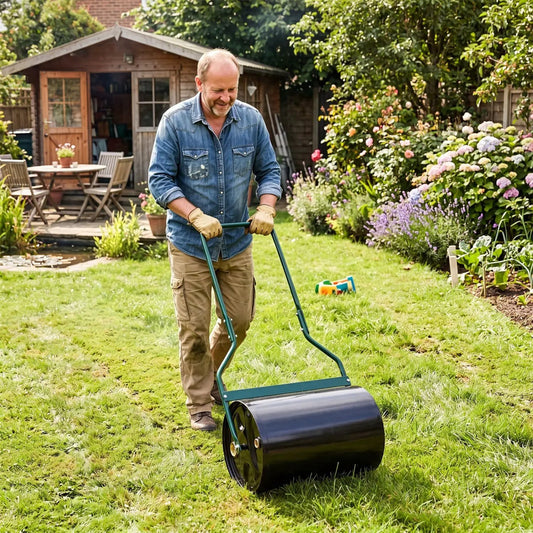 DirectDeals 12 Gallon Lawn Roller with U-shaped handle, teal frame and black roller on Tampa Home & Garden Store