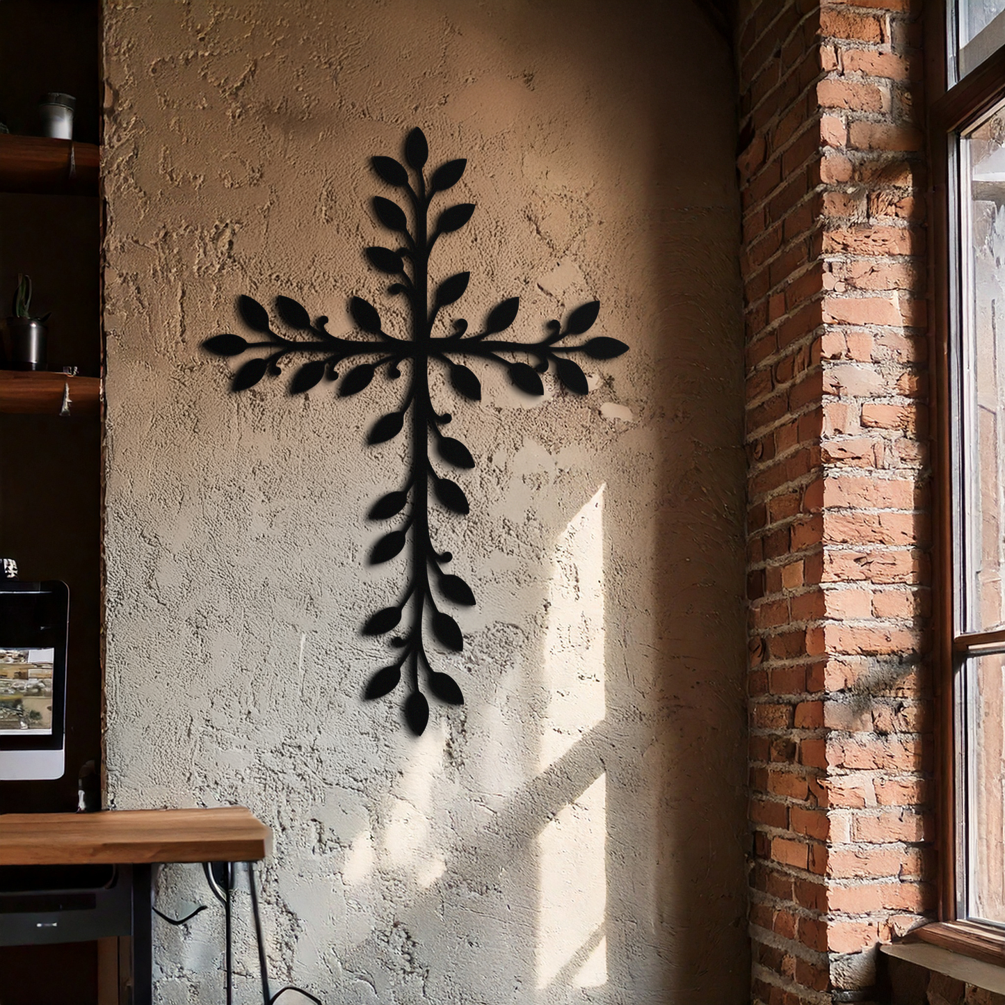 Leaf Cross Metal Wall Art - Elegant Botanical Christian Home Decor- KAF482 - Tampa Home & Garden Store