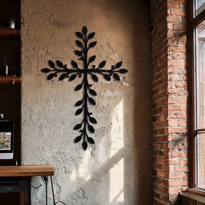 Leaf Cross Metal Wall Art - Elegant Botanical Christian Home Decor- KAF482 - Tampa Home & Garden Store