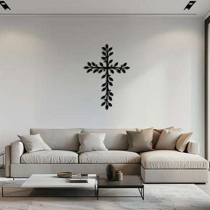 Leaf Cross Metal Wall Art - Elegant Botanical Christian Home Decor- KAF482 - Tampa Home & Garden Store