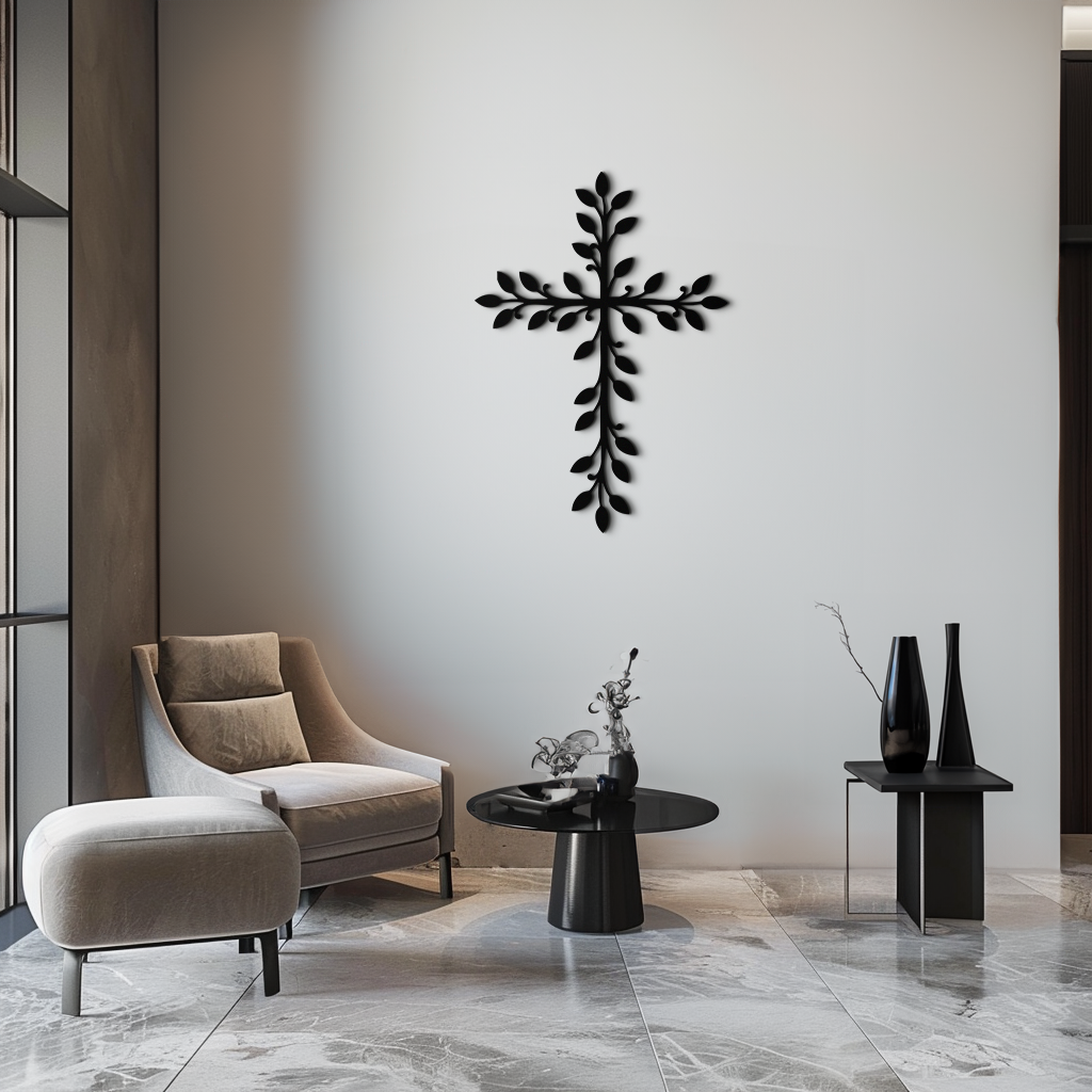 Leaf Cross Metal Wall Art - Elegant Botanical Christian Home Decor- KAF482 - Tampa Home & Garden Store