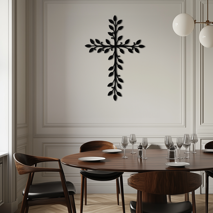Leaf Cross Metal Wall Art - Elegant Botanical Christian Home Decor- KAF482 - Tampa Home & Garden Store