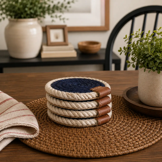 Nautical Rope Braided Coasters in Navy and Cream by Gia Roma, set of 4 with leather tabs on Tampa Home & Garden Store