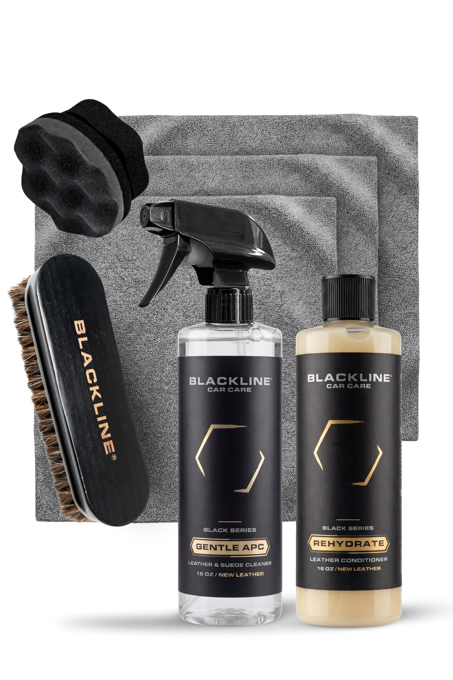 BLACKLINE Gentle APC all purpose cleaner spray bottle with leather conditioner on gray towels on Tampa Home & Garden Store