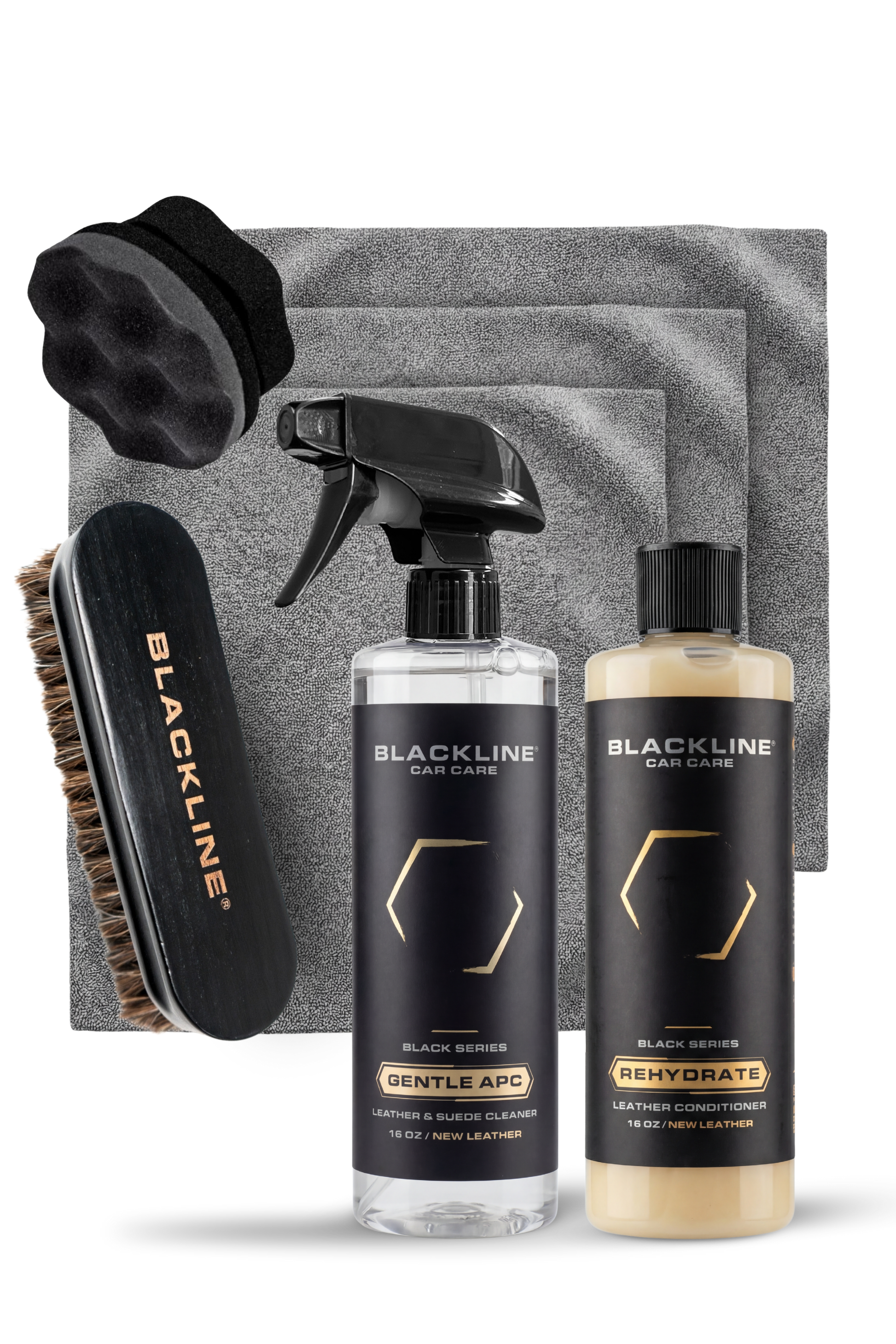 BLACKLINE Gentle APC all purpose cleaner spray bottle with leather conditioner on gray towels on Tampa Home & Garden Store